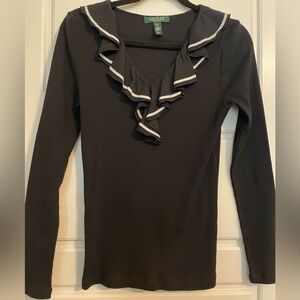 Ralph Lauren Black & White Women’s Ruffled Top, Long Sleeve